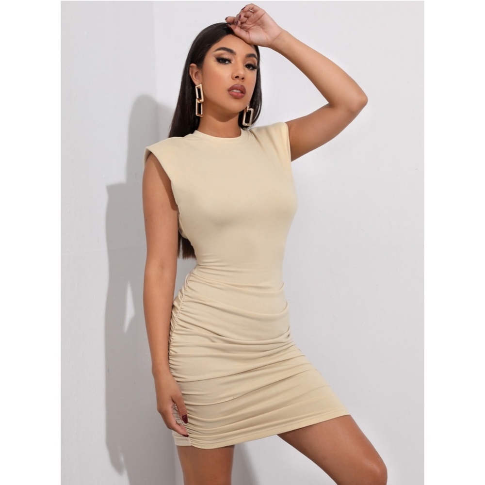 Shoulder Pad Beige Ruched Casual Mini Dress - Picture 5 of 12